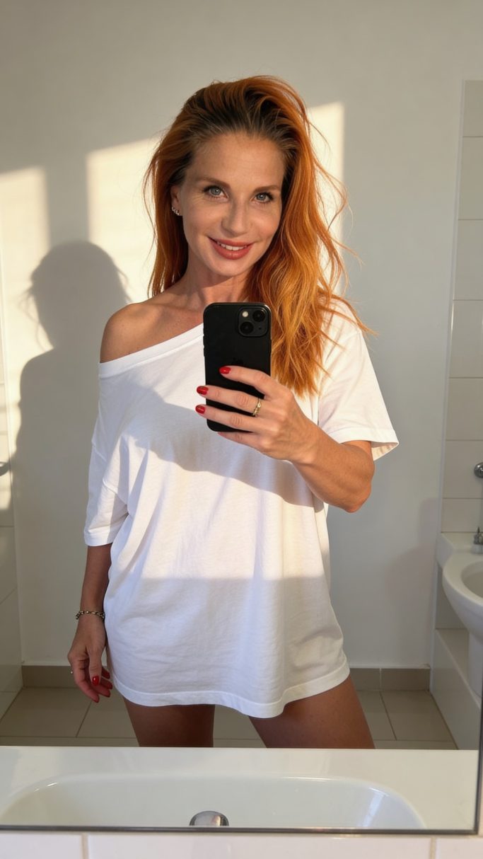 KI Bild Junge Frau mit roten Haaren in einem weißen Shirt schaut in einen Spiegel.